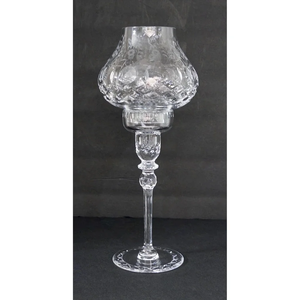 Rogaska Crystal Hurricane Candle Holder Etched Glass Two Piece Pedestal‎ 12 Inch